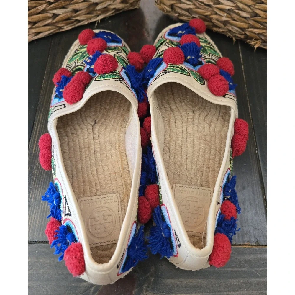 TORY BURCH Ellis‎ Pom-pom Embroidered Leather Textile Espadrille Flats 7.5 Shoes